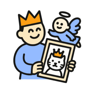 Graphic showing a man wearing a crown and holding a pet sponsorship certificate