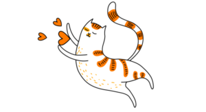 graphic cat jumping spreading hearts